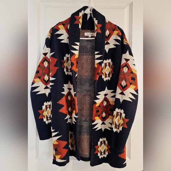 Lucky Brand Aztec Tribal Cardigan Sweater Coatigan Medium Shawl Collar Southwest - Picture 1 of 7